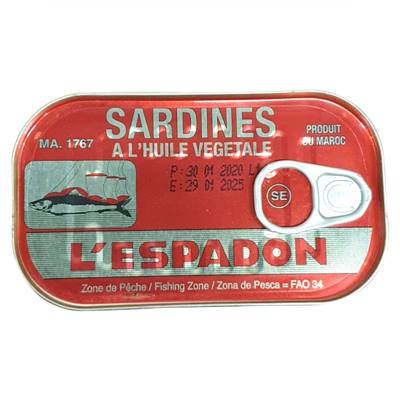 SARDINES A L'HUILE VEGETALE MAROC **LESPADON** 125g